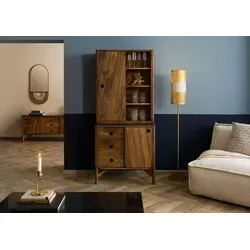 Buffet Mango 80x45x180 - Stilvoller Geschirrschrank mit Granitplatte - Eleganter Buffetschrank aus geöltem Mango-Massivholz mit 8 Fächern und 3 Schubfächern. Die edle Granitplatte und dezenten Griffmulden verleihen einen glamourösen Akzent. Ideal für stilbewusste Wohnräume!