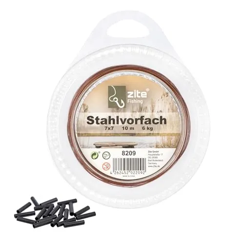 Zite Fishing Vorfachmaterial Stahl | Premium 7x7 Edelstahlvorfach für Raubfische 6-12kg | Vorfachmaterial zum Selberbauen | 10m Spule mit 20 Quetschhülsen | Nylonummantelung in Braun (6 kg)