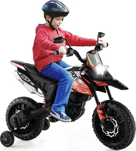 COSTWAY 12V Kinder Elektro Motorrad mit Stützrädern, Aprilia Kindermotorrad mit Musik und Scheinwerfer, 5,5-6 km/h, geeignet für Kinder von 3 bis 8 Jahren (Rot)