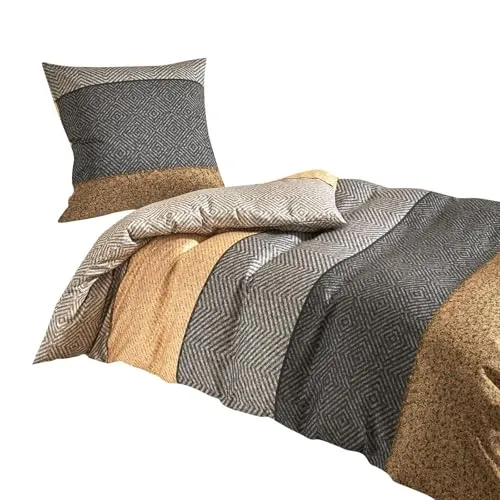 Traumschlaf kuschelig weiche Mako Satin Bettwäsche mit Streifenmotiv aus 100% Baumwolle mit Reißverschluss 135x200 cm + 80x80 cm, braun