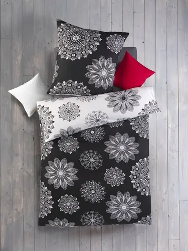 Optidream Bettwäsche Set Renforcé 135x200 Baumwolle Luisa-Wende weiss schwarz, Renforcé, 2 teilig, Sommer Geschenke Idee Frauen Männer weich sale Reißverschluss Partner