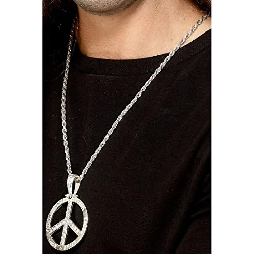 Amakando Hippie Halskette 70er Jahre Halsschmuck 44 cm Silberne Friedenskette Lange Peace Kette Karneval Accessoires Mottoparty Schmuck 60er Jahre Silberkette