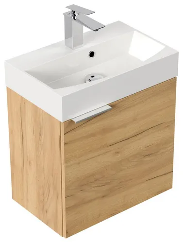 Gäste WC Badmöbel Kubus Slimline 50cm SoftClose Eiche Gold - Waschbecken mit hochwertigem SoftClose-System, designed in Deutschland, ideal für kleine Bäder und Gäste-WCs. Robuste Materialien garantieren Langlebigkeit und ein ansprechendes Design.