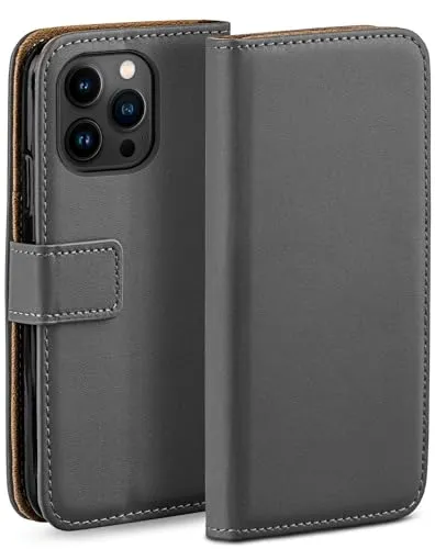 moex Book Case für iPhone 14 Pro Max Handyhülle mit Kartenfach, Hülle klappbar 360 Grad Schutzhülle, Klapphülle Flip Case Cover, PU Leder Handytasche Lederhülle, Dunkelgrau