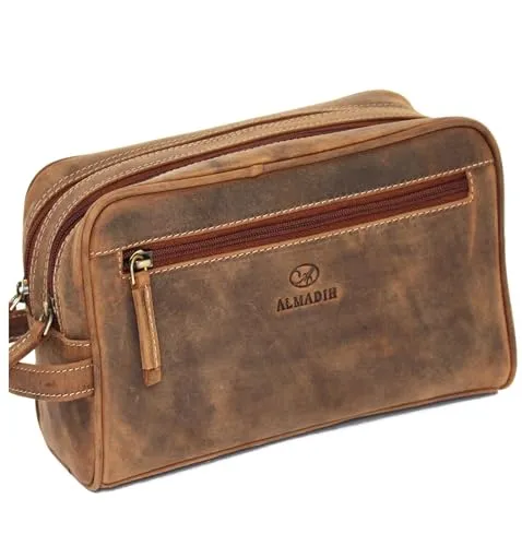 ALMADIH große Leder Kulturtasche für Damen und Herren – Premium Badetasche mit Doppel Reißverschluss - Kulturtaschen aus hochwertigem Premium-Rindsleder mit großem Stauraum und praktischem doppelten Reißverschluss für eine ordentliche Aufbewahrung Ihrer Toilettenartikel.