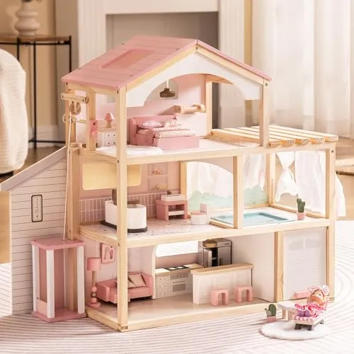 ROBUD Puppenhaus aus Holz mit Aufzug und Garage