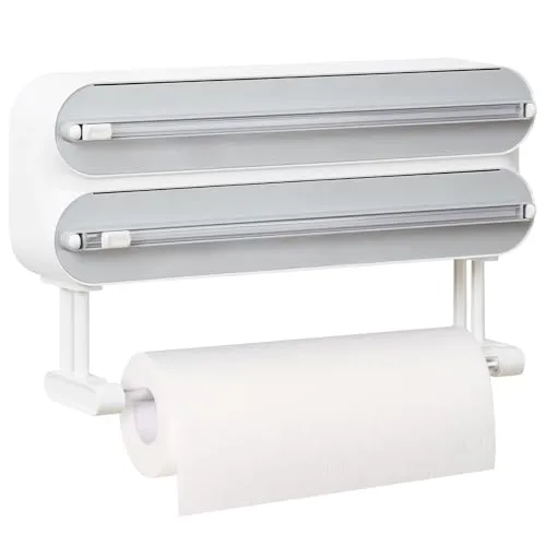 Wandrollenhalter Küche 3-Fach Folienschneider - Verbessert Magnetischer Folienspender, Frischhaltefolie Schneider mit Küchenrollenhalter, Quasziwa Alufolienabroller mit A Rolle 50M Plastikfolie, Weiß