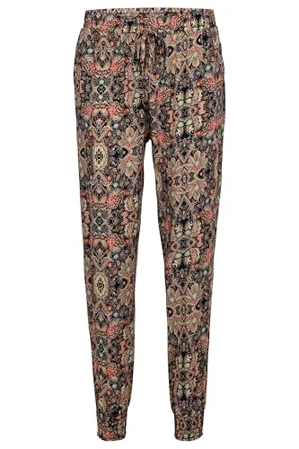 Easy Young Fashion Damen Sommerhose - Florale Freizeithose mit elastischem Bund - Lange Boho Hose - Strandhose Stoffhose aus Baumwolle 777 - (Coral-Schwarz)