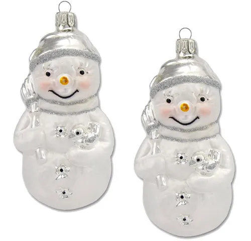 Thüringer Glasdesign Christbaumschmuck Schneemann Set (2 Stück) 11 cm aus Glas - Weiß/Silber - Weihnachtsbaum Anhänger (2-tlg), Mundgeblasen