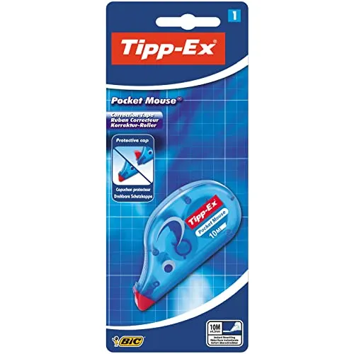 Tipp-Ex 820790 Korrekturroller Pocket Mouse mit Schutzkappe, 10m x 4.2mm, 1 Stück, Ideal für das Büro, das Home Office oder die Schule