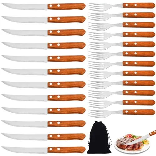 Produktbild BAIFULAI 24 Stück Steakbesteck, Stahl Besteckset mit Holzgriff, Enthält 12 Stück Steakmesser und 12 Stück Steakgabel, Steakbesteck Set für 12 Personen, Steakmesser Set, Nicht spülmaschinenfest