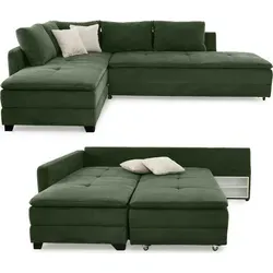 Federkern Ecksofa 306x223 cm mit Schlaffunktion in grün von luma-home