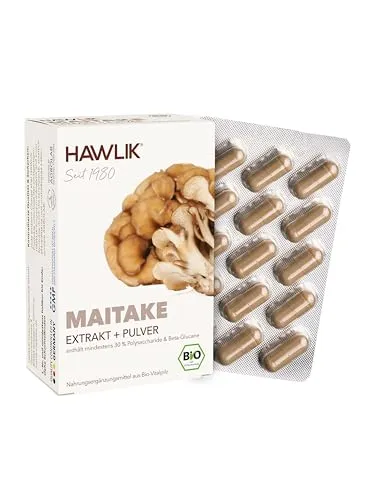 HAWLIK Vitalpilze Bio Maitake Extrakt + Pulver Kapseln - 60 Kapseln im Blister - Mit Vitamin C - Extrakt & Pulver - Natürlicher Anbau - Vegan