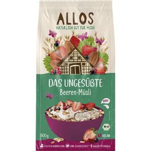 Allos Müsli Das Ungesüßte Beeren-Müsli, BIO, 500g - BIO Müsli mit 100% Vollkornflocken, kombiniert mit gefriergetrockneten Erdbeeren, Cranberrys und schwarzen Johannisbeeren. Ohne Zuckerzusatz, vegan und laktosefrei – ideal für eine gesunde Ernährung.