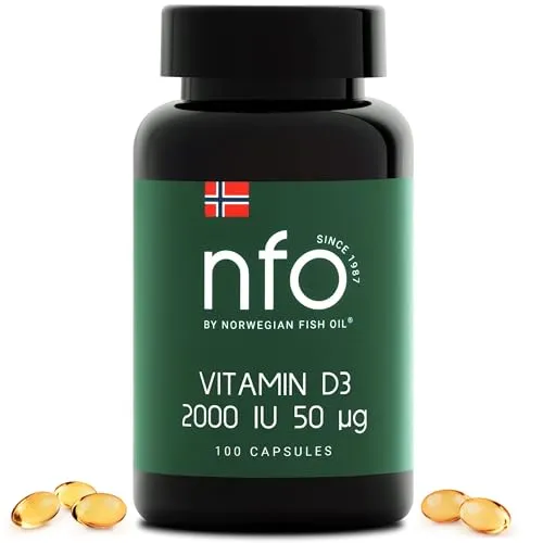 NFO VITAMIN D3 2000 IE 50 µg [100 Kapseln] Norwegischer natürlicher hochdosierter Vitamin D Komplex 2000 IE In seiner Cholecalciferol-Form ist es +30% wirksamer als D3 Stärkt das Immunsystem