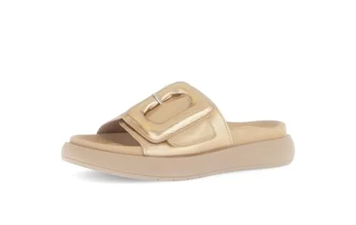 Gabor Damen Pantoletten - Goldene Slipper für stilvolle Sommertage - Damen-Hausschuhe in elegantem Gold, aus hochwertigem Textil und Leder, mit bequemer TR-Sohle und praktischem Klettverschluss für perfekten Sitz.