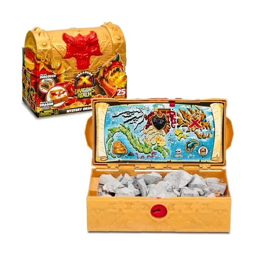 Famosa Treasure X - TX Drachentruhe, Felsskulptur mit Schatztruhe im Inneren, Entdecke das Geheimnis mit der Schatzkarte, Einzigartige Figur Goldener oder Feuriger Drache, +5 Jahre alt, (TRR69000)