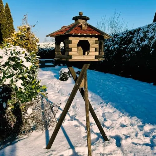 DARLUX Vogelfutterhaus XL Sechseck Vogelhaus + Ständer Futterstelle Braun/Rot