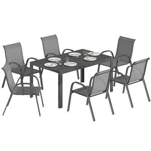Gartenmöbel Set 7-teilig mit 6 Stapelstühlen und Tisch - Modernes Outdoor Essgruppen-Set in Hellgrau, bestehend aus einem rechteckigen Tisch und 6 atmungsaktiven, stapelbaren Stühlen. Wetterbeständig und ideal für den Garten oder die Terrasse.