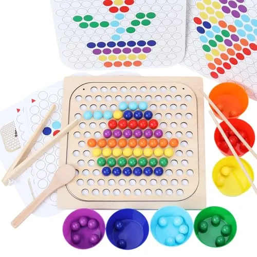 ANPEAC Holz Montessori Spielzeug,Clip Perlen Puzzle Brettspiele, Mathe Lernspielzeug,Kinder Vorschule Farben Sortier Stapelspielzeug für 3 4 5 Jahre alt Kinder