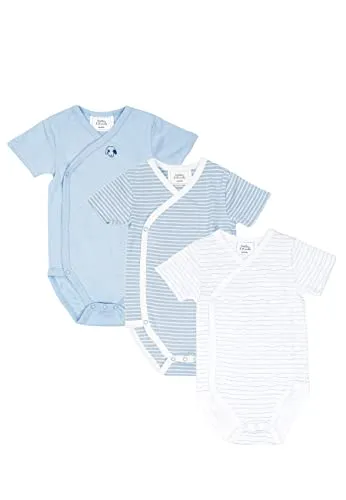 Stellou & friends Baby 100% Bio-Baumwoll Wickelbody 3er Set, kuschelweiche und hochwertige Kinder Kleidung für Jungs und Mädchen mit schönen Prints Kurzarm Hellblau 50-56