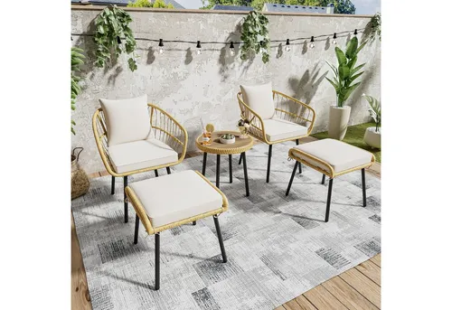 OKWISH Gartenlounge-Set 5-teilig Rattan-Möbel-Set - Vielseitiges 5-teiliges Gartenmöbel-Set mit 2 Stühlen, 2 Hockern und 1 Tisch. Ideal für entspannte Stunden im Freien. Robuste Materialien und modernes Design sorgen für eine einladende Atmosphäre in Ihrem Außenbereich.