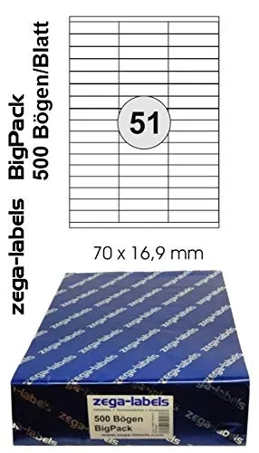 25.500 Etiketten 70 x 16,9 mm selbstklebend auf DIN A4 Bögen (3x17 Etiketten) - 500 Blatt Bigpack - Universell für Laser/Inkjet/Kopierer/Farblaser einsetzbar - 70x16mm 51-teilig