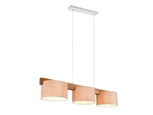 Holzbalken Pendelleuchte 3-flammig mit Stoff Lampenschirmen in Beige - Elegante 3-flammige Pendelleuchte aus Naturholz mit beigen Stoffschirmen, ideal für gemütliche Wohnräume. Perfekt für dimmbare E27 Leuchtmittel bis 28 Watt.