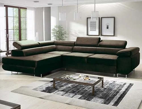 Avatar Velvet Ecksofa in L-Form 277 x 73 x 203 cm mit Schlaffunktion und Bettzeugbehälter - Schlafsofa mit Bettkasten - Eckcouch mit Stauraum - Rechts - Farbe: Monolith Schokolade (MO29)