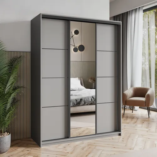 Masseno Schiebetürenschrank VARO 150 cm - Eleganter 3-türiger Schiebetürenschrank mit Spiegel – ideal für modernes Wohnen. Vier Schubladen und durchdachter Stauraum sorgen für Ordnung und Stil in Ihrem Schlafzimmer.