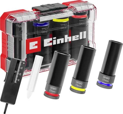 Einhell 5-teiliges Impact Stecknuss-Set - Steckschlüsseleinsätze für KFZ-Anwendungen – Schlagfeste CrMo-Stahl-Nüsse mit Kratzschutz, ideal für Leichtmetallfelgen und hohe Drehmomentfestigkeit.