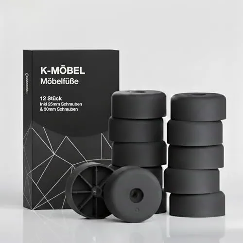 K-Möbel Möbelfüße Kunststoff 12 Stück 40x25mm inkl 25mm & 30mm Schrauben - Made in Germany - Füße für Möbel bis 300kg belastbar - Schrankfüße Schwarz - Möbelbeine für Schrank, Sofa, Tisch etc