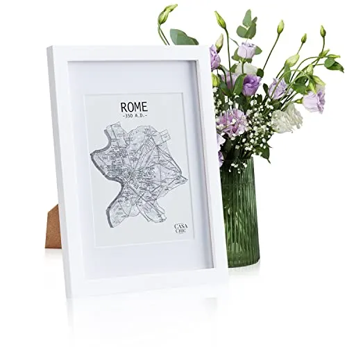 Classic by Casa Chic - Echtholz Bilderrahmen A4 - Weiß - 21 x 29,7 cm - mit Passepartout für ein 15×20 Bild - bruchfestes Sicherheitsglas - Ideal für Zertifikate und Urkunden - Rahmenbreite 2cm