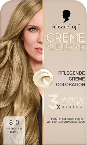 Produktbild Schwarzkopf Creme Supreme Coloration 8-0 Natürliches Blond (182 ml), dauerhafte Haarfarbe mit Serum und Haar-Maske schützt vor sichtbaren Haarschäden, für 100% Grauabdeckung