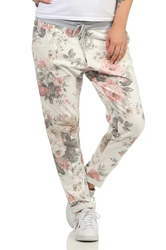 Mississhop 287 Damen Cargohose mit Blumenprint - Damen-Hosen in Einheitsgröße (36-42) mit elastischem Gummibund und Tunnelzug für optimalen Tragekomfort. Lässige Sweatpants für Freizeit, Sport oder elegante Abende - vielseitig kombinierbar!