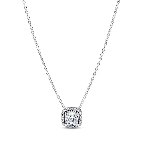 PANDORA Damen-Kette Funkelndes Quadrat Heiligenschein 393560C02-45 - Elegante Halskette aus Sterling-Silber mit quadratischem Mittelstein und funkelndem Strahlenkranz. Verstellbar auf drei Längen für individuelles Styling. Handgefertigt für höchste Qualität und Detailtreue.
