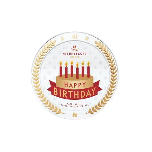 Niederegger Marzipan mit Zartbitterschokolade Happy Birthday Dose 185g - Sonstige Süßigkeiten – Edle Marzipan-Torte in Zartbitter-Schokolade, perfekt als Geschenk für Geburtstagsfeiern!