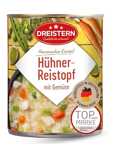 DREISTERN Hühner-Reistopf 800g I Mit Hühnerfleisch & Gemüse I Herzhafter Eintopf in recyclebarer Konservendose I Lange Haltbarkeit dank natürlicher Konservierung I Hausmacher Qualität