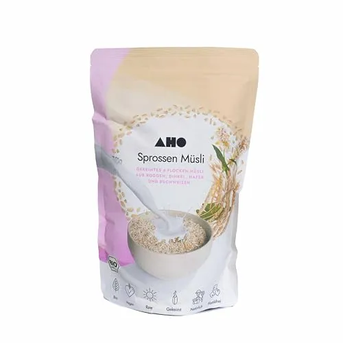 AHO Sprossen Müsli, Gekeimtes Müsli, 850 g, Zarte Bio 4-Korn Flockenmischung aus Keimlingen in Rohkostqualität, Plastikfrei verpackt