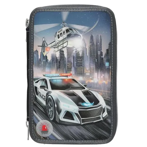 DEPESCHE MONSTER CARS Federtasche LED Polizeiauto 3-Fach gefüllt - Federmäppchen für Jungen mit coolem Polizei-Rennwagen-Design, gefüllt mit 18 Stiften, Schere und mehr. Cooles Extra: Blaulicht und Scheinwerfer leuchten auf Knopfdruck!