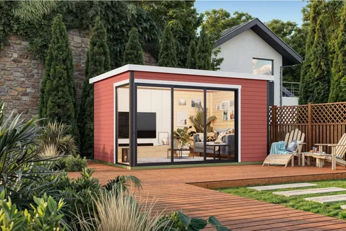 Gartenhaus Outdoor Life Austin 6 mit Fußboden 439,6 x 319,6 cm in schwedischrot - Das stilvolle Gartenhaus Austin 6 bietet 10,23 m² vielseitige Nutzungsmöglichkeiten. Genießen Sie den großzügigen Lichteinfall durch große Glasflächen und profitieren Sie von robusten 18 mm Fußbodenbrettern für Stabilität und Komfort.