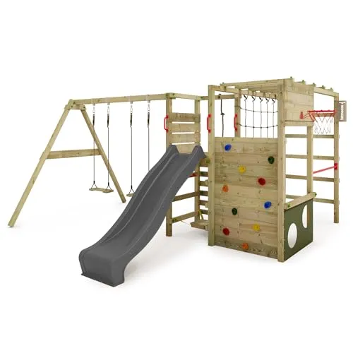 FATMOOSE Klettergerüst ActionArena mit Schaukel, Leiter & Basketballkorb - Schaukeln für aktive Kinder – Abenteuer-Spielplatz mit 10 Jahren Garantie*, kesseldruckimprägniertem Massivholz und vielseitigen Klettermöglichkeiten.