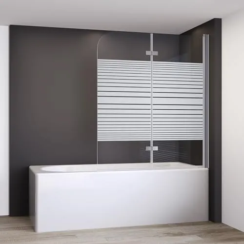 IMPTS Duschabtrennung mit Milchglas Streifen 120x140cm - Duschkabine und Badewannenaufsatz, faltbar und platzsparend, mit 6mm teilsatiniertem Nano ESG Glas für leichtes Öffnen und Schließen ohne Schleifen.