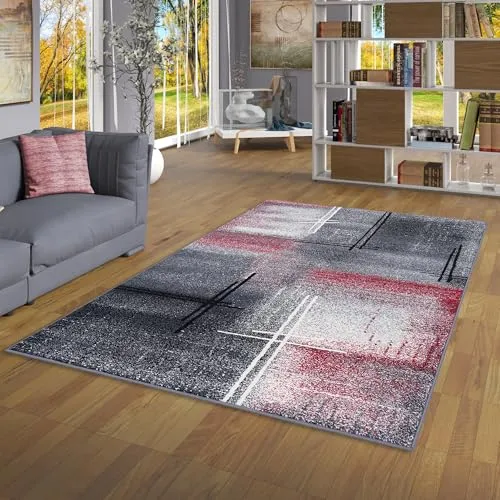 Designer Teppich Modern in Grau-Rot Verlauf - Teppich für Wohnzimmer, Schlafzimmer und Esszimmer, pflegeleicht und schadstoffgeprüft nach Öko-Tex Standard 100, ideal für jeden Raum.