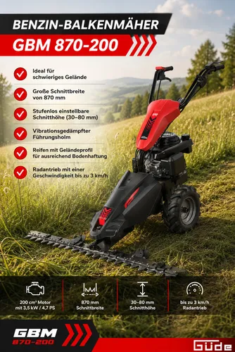 Güde Benzinrasenmäher GBM 870-200, 87 cm Schnittbreite - Robuster Benzin-Balkenmäher mit 87 cm Schnittbreite, ideal für unebenes Gelände. Der leistungsstarke 200cc Motor sorgt für müheloses Mähen von hohem Gras und Wildwuchs.