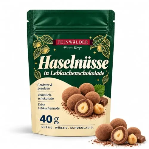 Feinwälder Haselnüsse in Lebkuchenschokolade, Mini-Probierbeutel, 40 g | Gerösteter gesalzener Nusskern, Vollmilchschokolade, Kakaopulver, würzige Note, wiederverschließbar, für Kaffee und Dessert