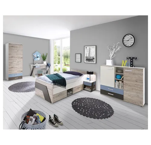 Lomadox Jugendzimmer-Set LEEDS-10, 5-tlg. Sparset in Sandeiche Nb. - Stylisches Jugendzimmer-Set in Sandeiche mit modernem Design in Blau, Grau und Weiß. Ideal für kreative Räume, bietet es viel Stauraum und eine ansprechende Optik.