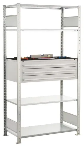Grundregal MULTIplus150 mit Schubladen - Werkstatteinrichtung mit 4 verstellbaren Fachböden und 3 teleskopgeführten Schubladen, ideal für die optimale Lagerung von Kleinteilen und belastbar bis 150 kg pro Ebene.