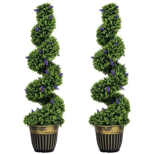HOMCOM 2er Set Künstlicher Spiralen-Buchsbaum mit Lavendel 115cm - Künstliche Pflanzen mit UV-Schutz, wartungsfrei und ideal für jeden Raum. Bringen Sie Eleganz und Frische in Ihr Zuhause mit diesen stilvollen Kunstpflanzen im modernen Topfdesign.
