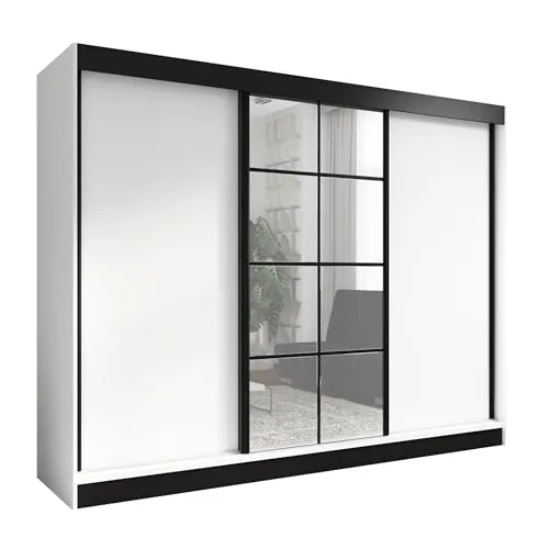 A&J MöbelLand Schwebetürenschrank ORAVELLE 3-türig mit Spiegel - Geräumiger Kleiderschrank mit 3 Schiebetüren und 4 Schubladen für optimale Stauraumnutzung. Elegantes Design mit Spiegel und stabiler Bauweise, ideal für jedes Schlafzimmer. Einfache Montage mit Video-Anleitung.